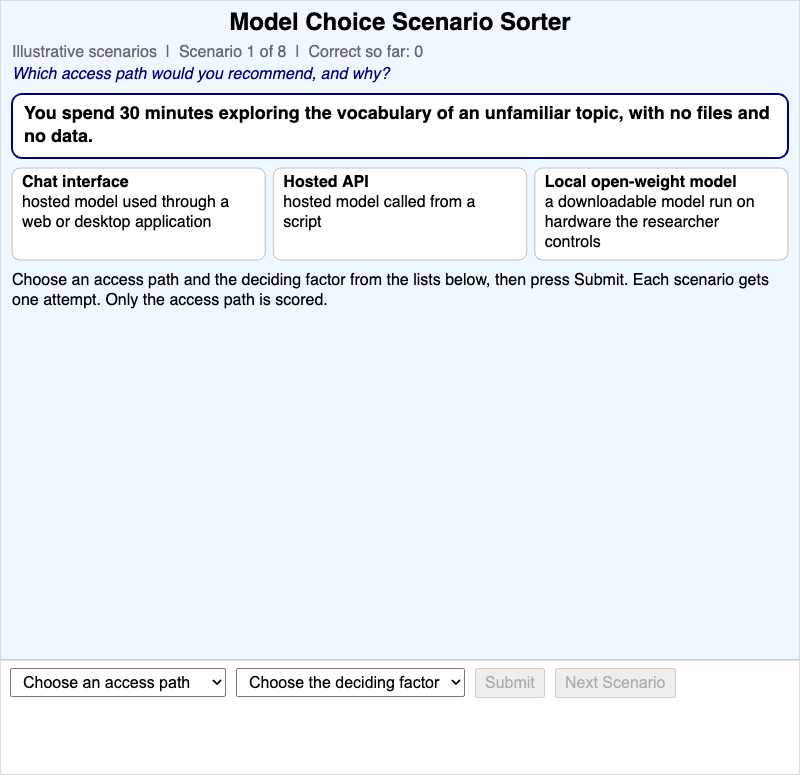 Model Choice Scenario Sorter