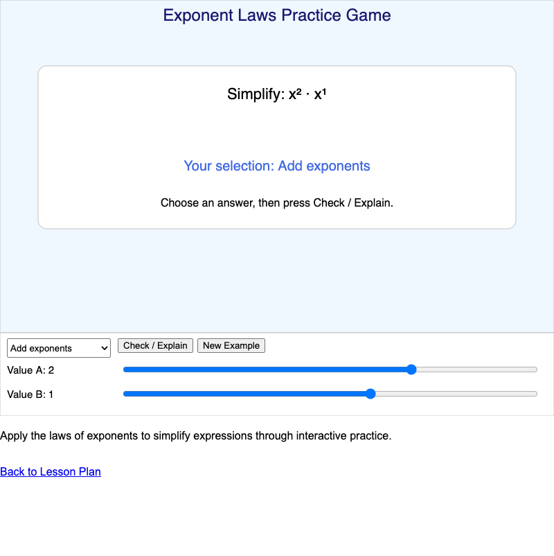 Exponent Laws Practice Game