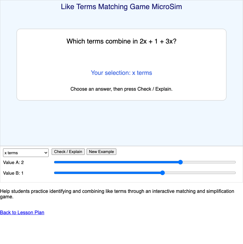 Like Terms Matching Game MicroSim