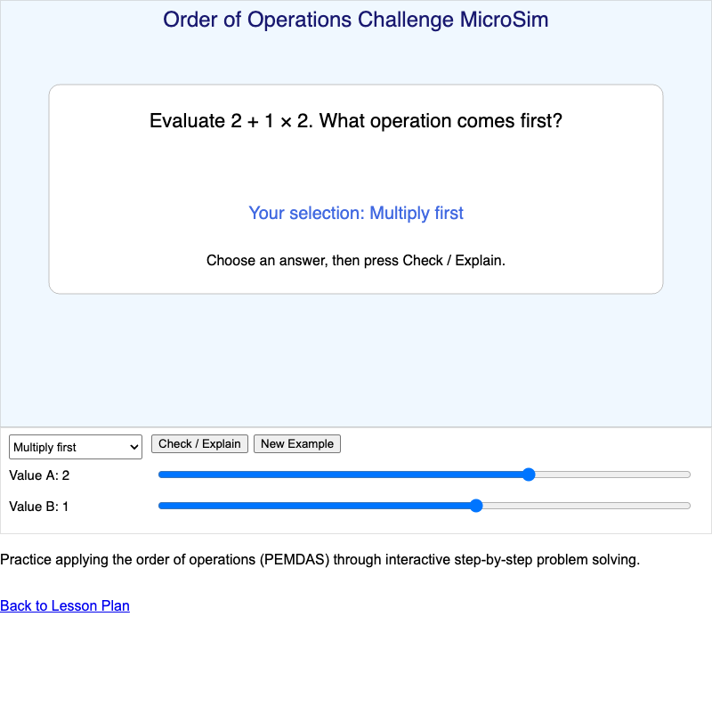Order of Operations Challenge MicroSim