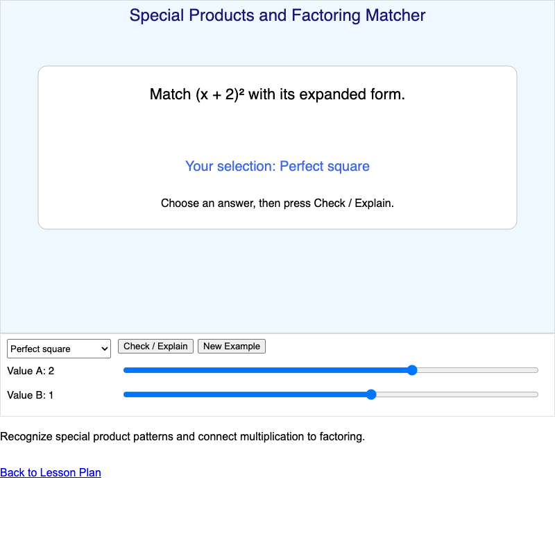 Special Products and Factoring Matcher