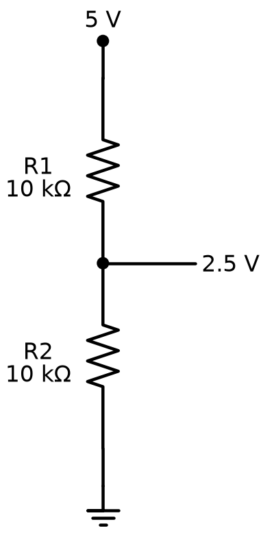A 5-volt voltage divider made from two 10-kilohm resistors in series, with a 2.5-volt center tap