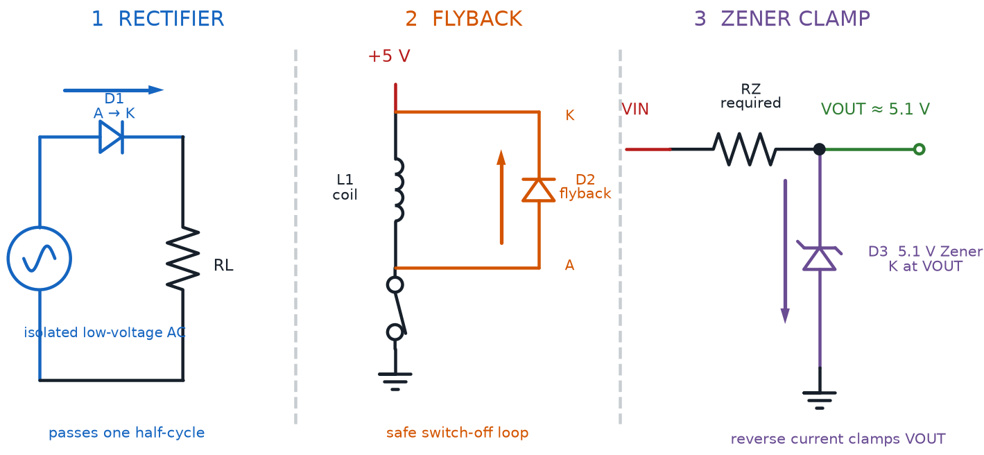 Three diode applications showing a half-wave rectifier, a flyback loop around a coil, and a series-resistor Zener clamp