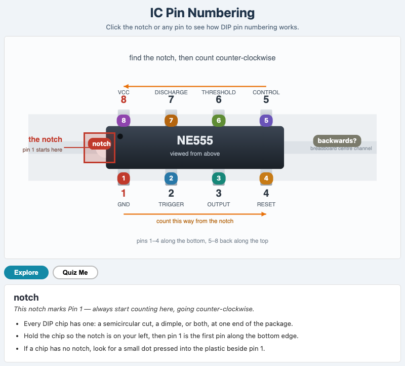 555 Pin Numbering and IC Notch Orientation