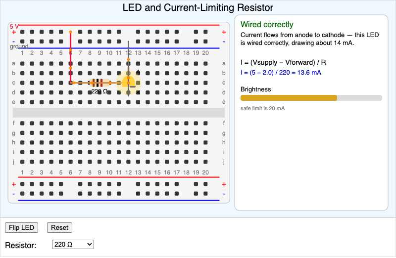 LED with Current-Limiting Resistor Breadboard Circuit