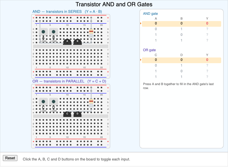 Transistor AND and OR Logic Gates with Live Truth Table