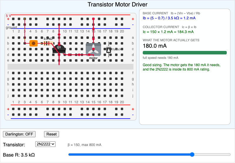 Transistor Motor Driver — Base Resistor and Darlington Pair Explorer