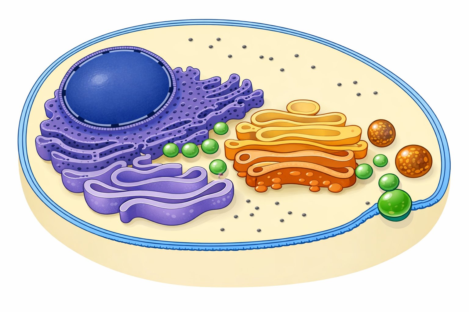 Schematic cross-section of a eukaryotic cell showing the endomembrane system protein secretion pathway from nucleus through rough ER, Golgi apparatus, to plasma membrane