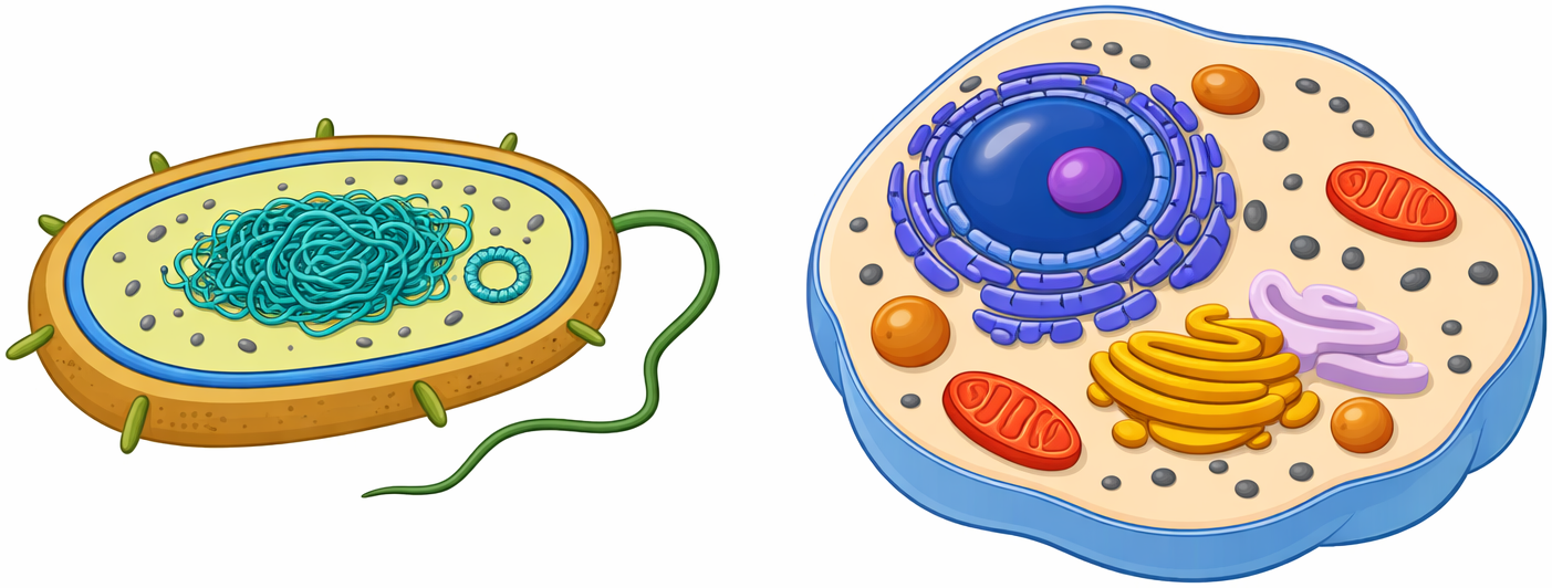 Side-by-side comparison of a prokaryotic bacterial cell and a eukaryotic animal cell showing structural differences