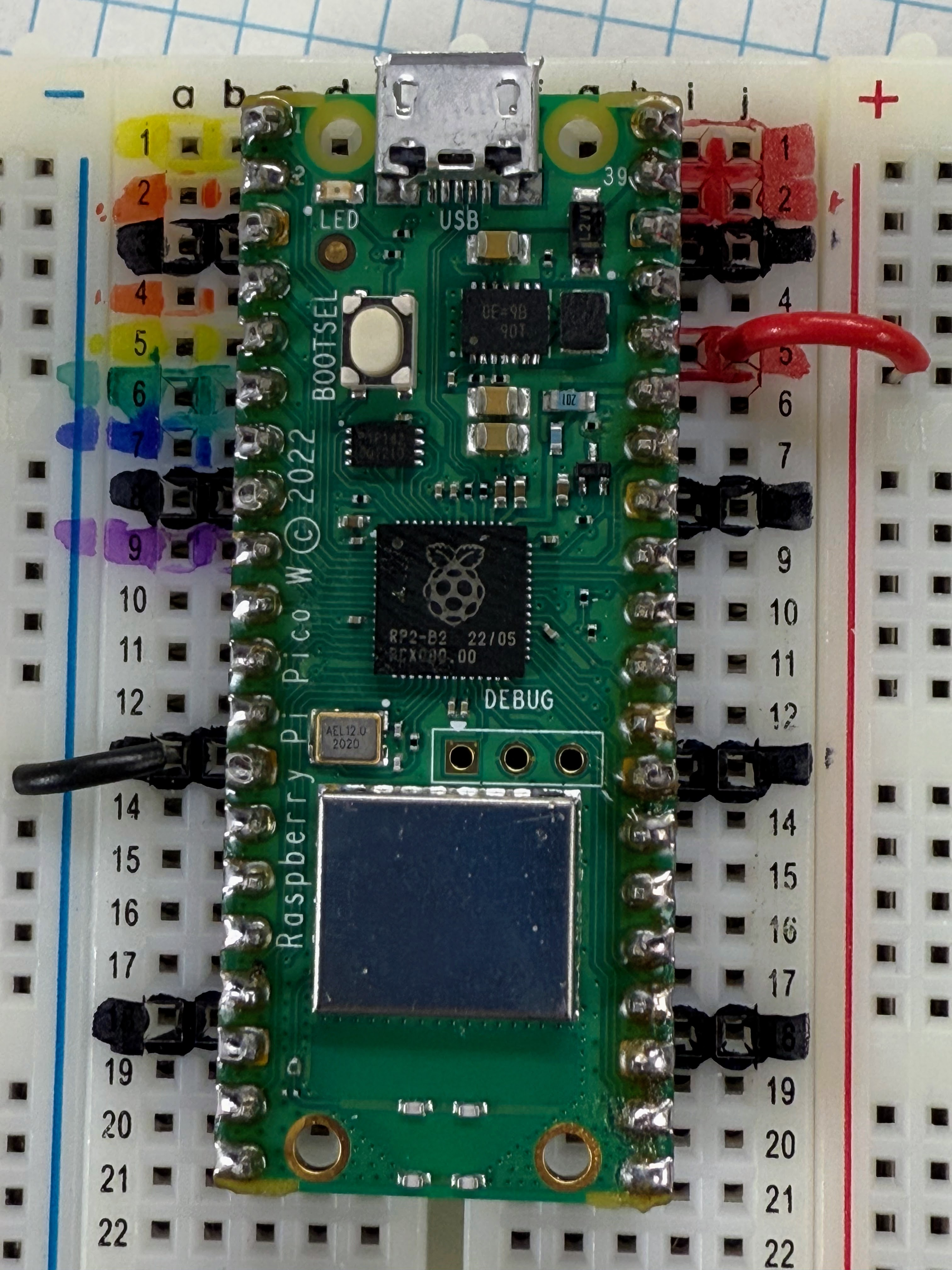 Image of the Pico on the breadboard with the USB end at row 1