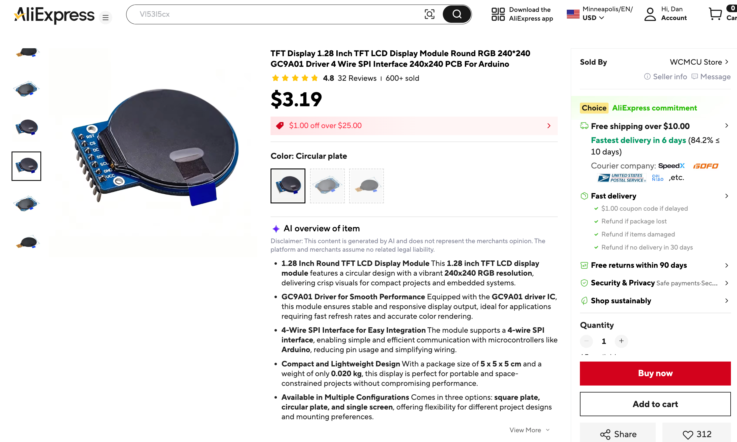 An AliExpress listing from WCMCU Store for a 1.28 inch round 240x240 GC9A01 TFT display module with a 4-wire SPI interface, priced at $3.19