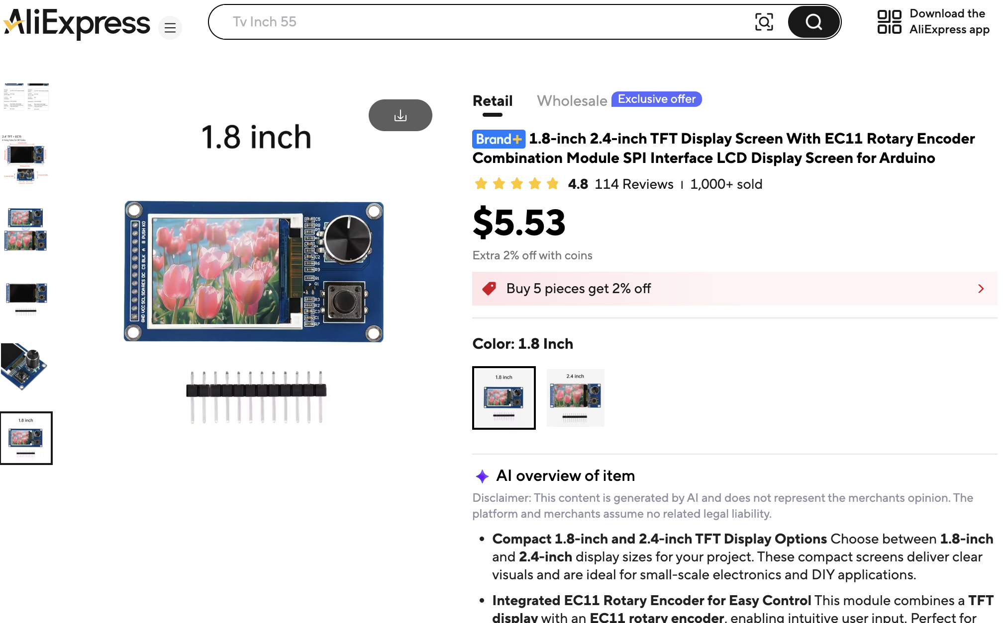 An AliExpress listing titled "1.8-inch 2.4-inch TFT Display Screen With EC11 Rotary Encoder Combination Module SPI Interface LCD Display Screen for Arduino". The 1.8 inch option is selected at $5.53. The product photo shows the blue board with its screen, knob and button, and a loose strip of 12 pins below it.