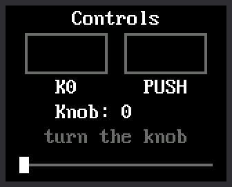 The screen says Controls at the top, with two gray boxes labeled K0 and PUSH. The K0 box fills with green, then the PUSH box fills with yellow. Then the line Knob: 0 changes to Knob: 5, the gray words "turn the knob" change to "clockwise" in cyan, and a white marker slides to the right along a gray track.