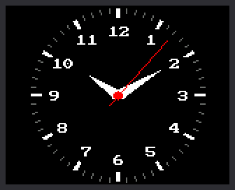 A round clock face on a black screen, with 60 tick marks around the edge and the numbers 1 to 12. The white hour hand points just past the 10 and the white minute hand points at the 2, so the time is 10:10. A thin red second hand ticks from 7 seconds to 12 seconds, crossing the 2 on the way.