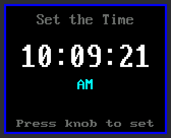 A digital clock under the gray title Set the Time. First it shows 10:09:21 AM with the hint Press knob to set. Next the hour, now 12, is black on a yellow block, with PM, Set hour, and the hint Turn, then press. Then the minutes, now 12, have the yellow block, with Set minute, and the seconds read 01. Last, the clock runs again at 12:12:02 PM.