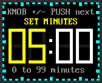 The timer in the SET MINUTES state. The minutes, 05, are yellow and the seconds, 00, are white. The top line says KNOB +/- PUSH next and the bottom line says 0 to 99 minutes.