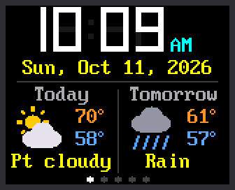 The clock stepping through its five modes: a weather forecast, an analog face with hands, big digital digits, a stopwatch at 00:00.00, and a timer at 05:00. A row of five dots at the bottom of each screen shows which mode is on.