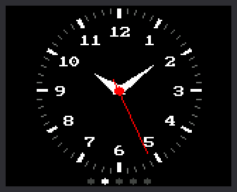 Analog mode: a round clock face with numbers and hands. The second dot is bright.