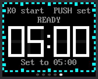 Timer mode: 05:00 under the word READY. The fifth dot is bright.