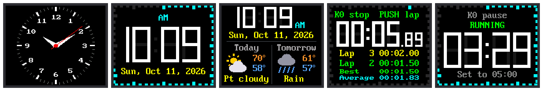 Five clock faces you will build, side by side: an analog face with hands, a digital face reading 10:09, a weather clock with today and tomorrow, a stopwatch with lap times, and a countdown timer reading 03:29