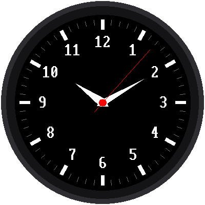 An analog clock face with numbers 1 to 12, tick marks, white hour and minute hands, and a red second hand, moving from second to second
