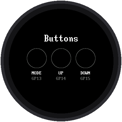 Three circles labeled MODE, UP, and DOWN. Each one lights up in turn, yellow, green, then red, as its button is pressed.