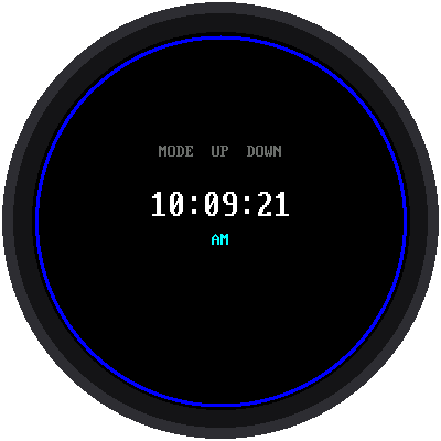 A digital clock showing 10:09:21 AM. The hour 12 is highlighted in yellow with "Set hour" below, then the minute, then the clock runs at 12:12 PM.