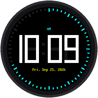 A digital watch showing 10:09 in giant white digits, AM above, the date below, and a ring of cyan tick marks filling up around the edge as the seconds pass