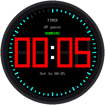 A countdown timer going from 00:05 to 00:00 in red digits while the ring of cyan ticks empties, then flashing "TIME'S UP!"