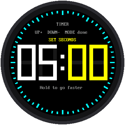 Setting the timer: the seconds are highlighted in yellow and the screen says SET SECONDS