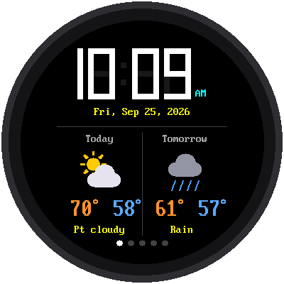 The watch switching between five modes: weather, analog, digital, stopwatch, and timer. A row of five dots at the bottom shows which mode is on.