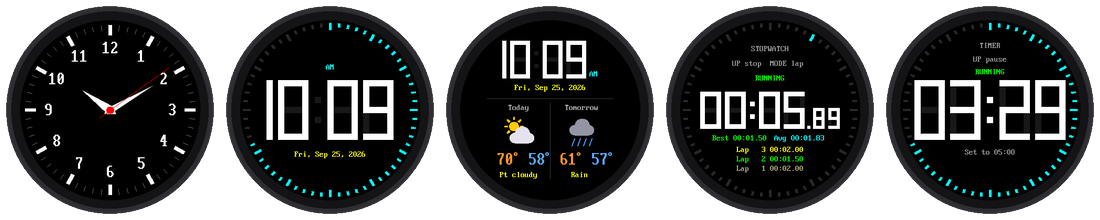 Five watch faces you will build: analog, digital, weather, stopwatch, and timer