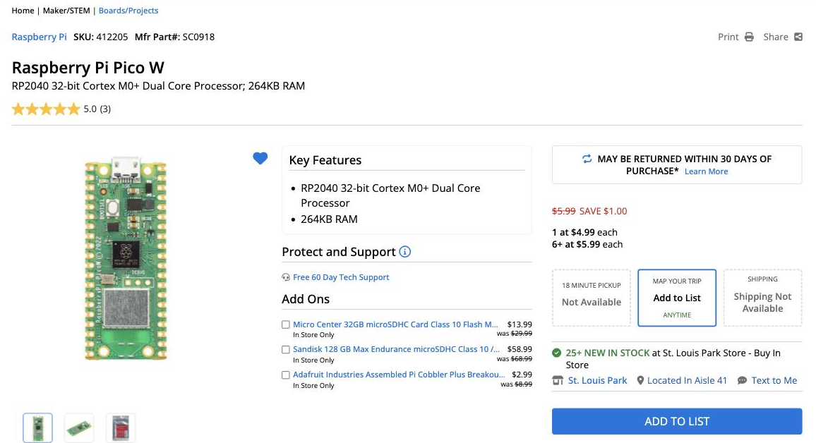 MicroCenter's product page for the Raspberry Pi Pico W, on sale for $4.99