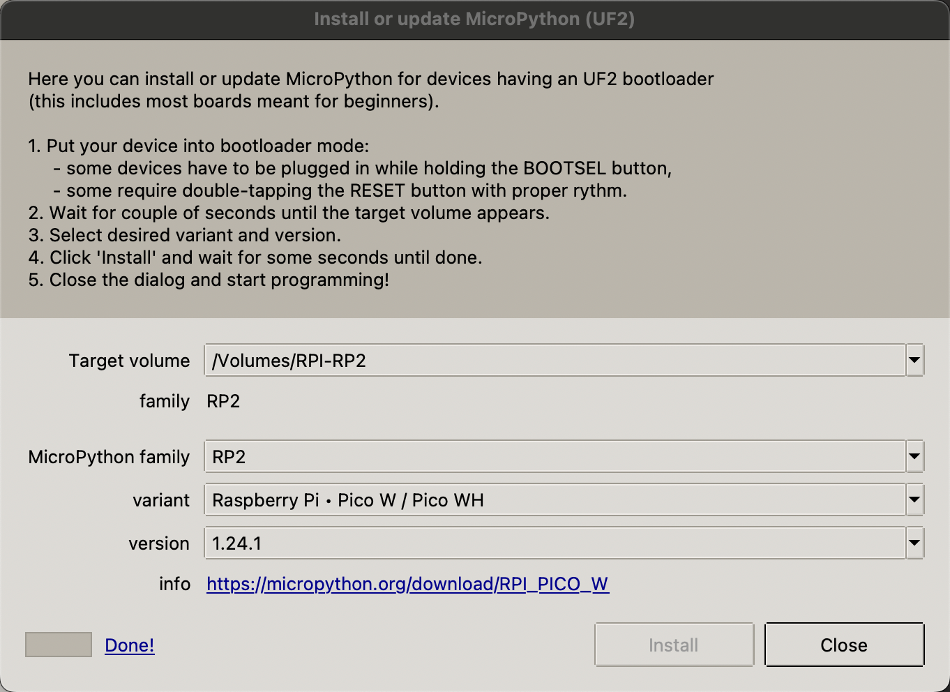 Pico W Thonny Setup for MicroPython 1.24.1