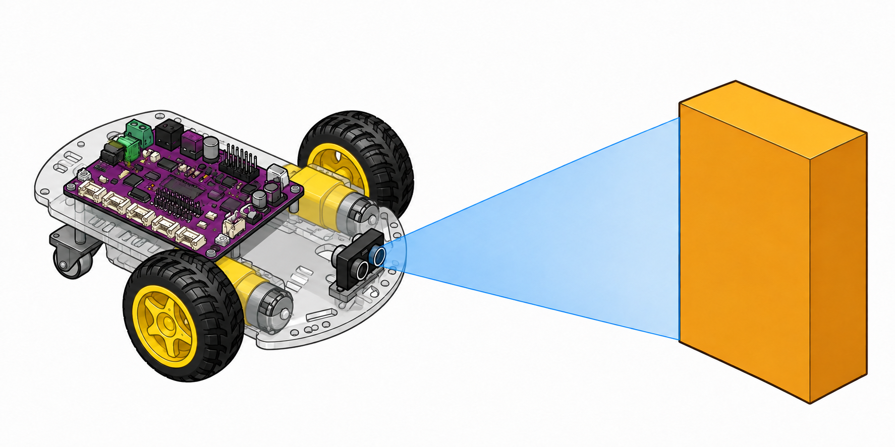 Two-wheeled robot with a purple control board sensing an amber obstacle with a translucent blue detection cone.