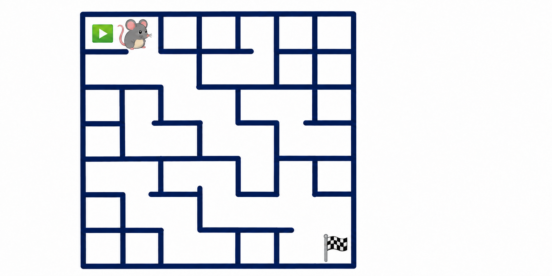 A gray mouse beside a green start marker in a navy maze with a checkered finish flag.