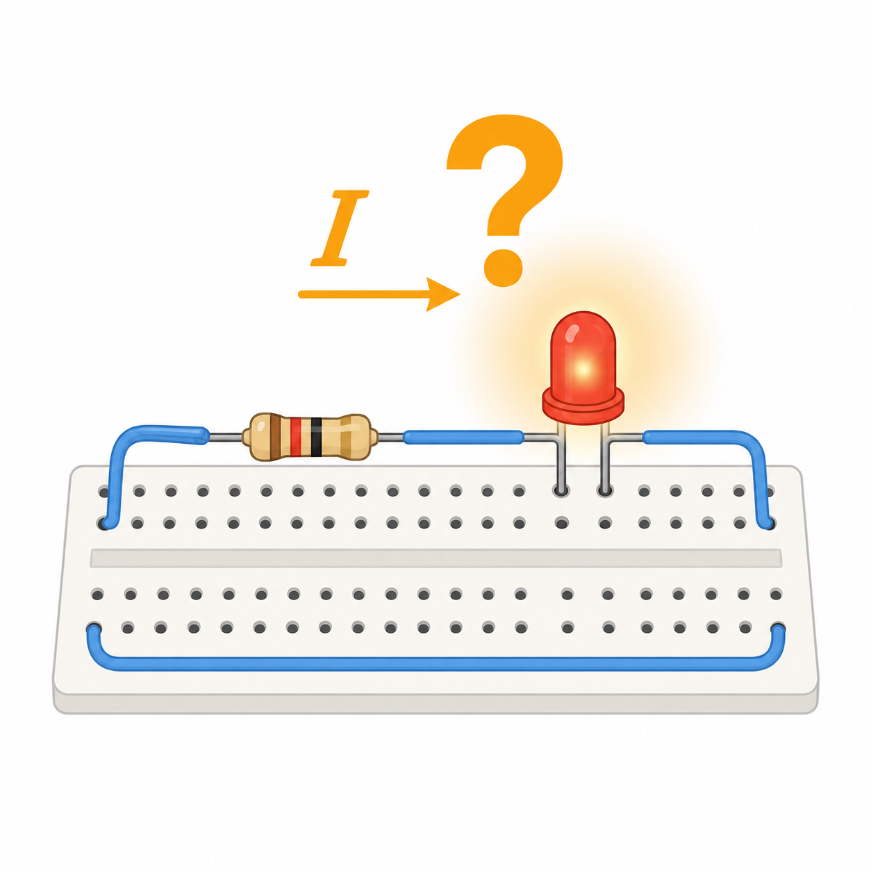 A breadboard circuit with a red LED and resistor in series, with a bold "I" and a large question mark showing the unknown current to solve for.