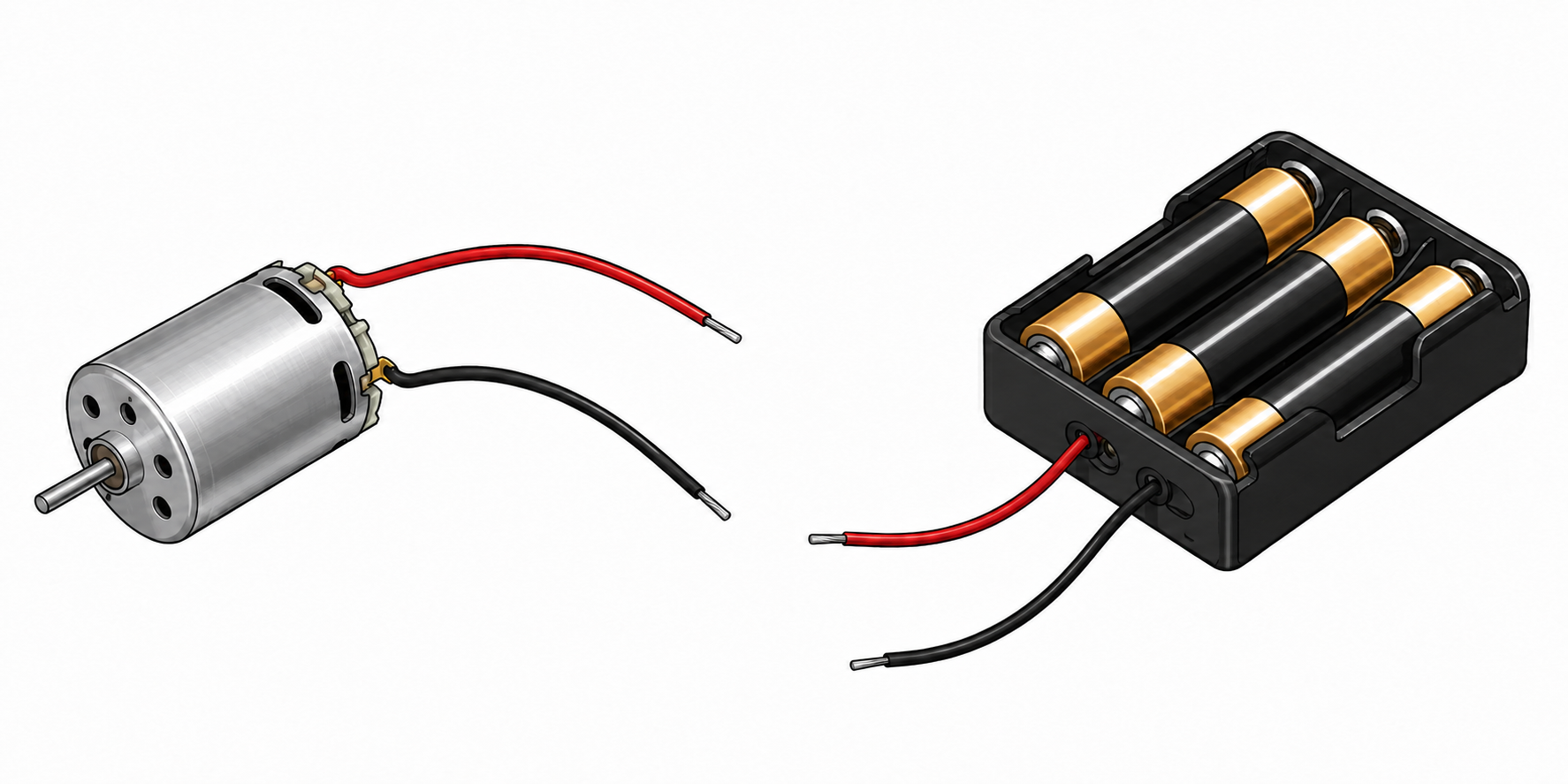 Small DC hobby motor and a three-AA battery pack, each with separate red and black wires, all disconnected.