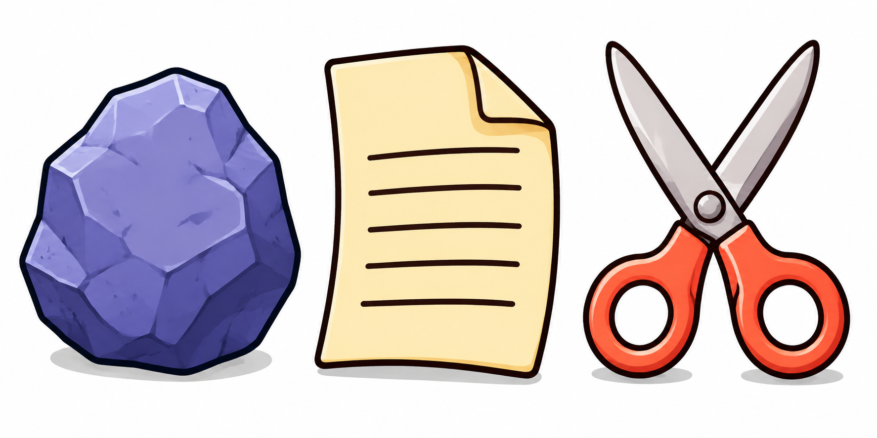 A purple rock, yellow sheet of paper, and orange-handled scissors on white.