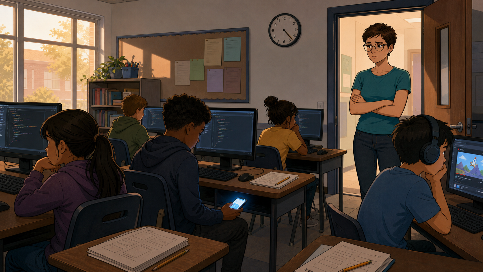 Students drift into phones and videos at their computer stations while Sally watches with concern from the doorway