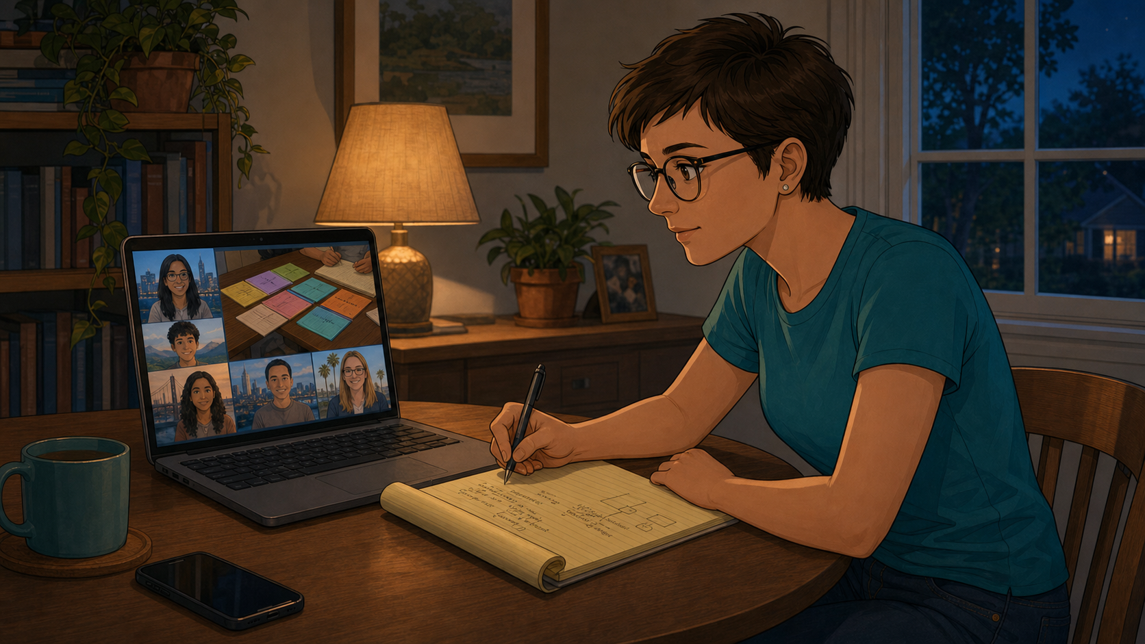 Sally takes notes during an evening video call with other coding-club volunteers, one screen sharing a table of colorful cards