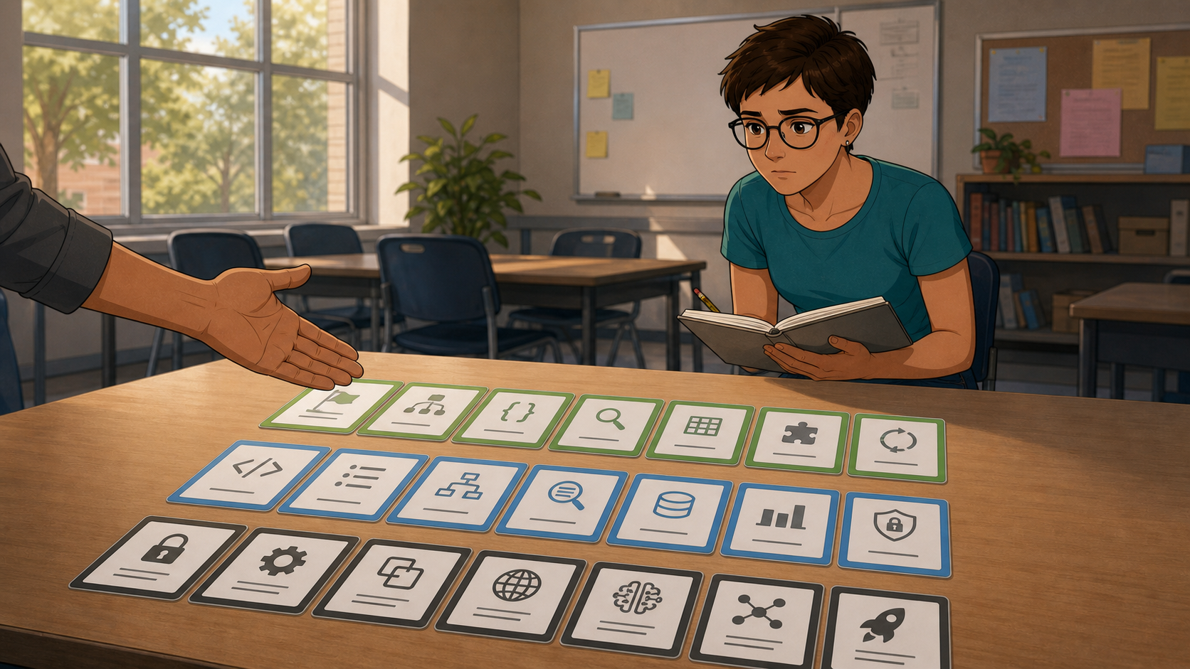 Sally studies a table of green, blue, and black challenge cards arranged in three difficulty tiers, notebook in hand