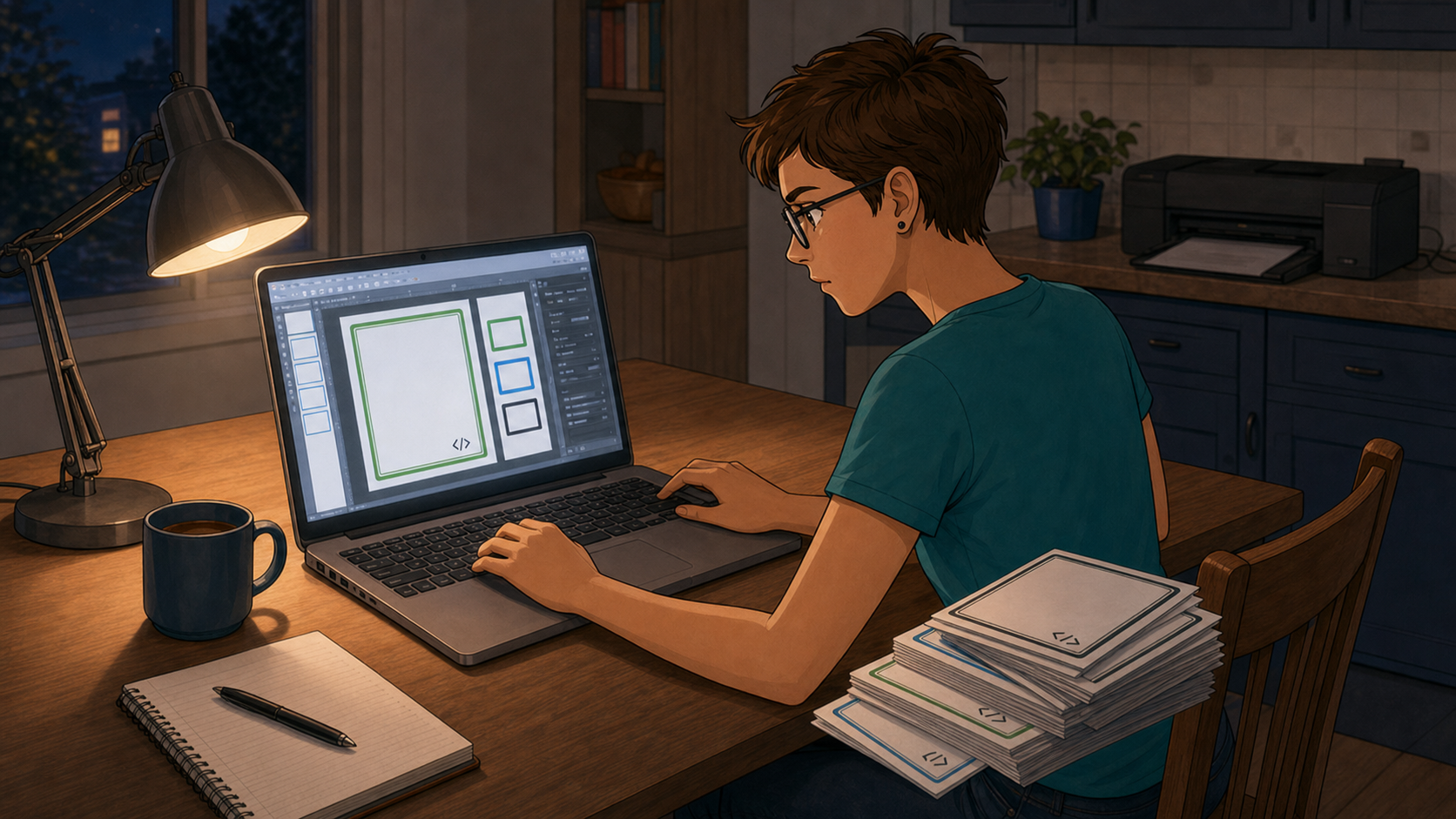 Sally designs green, blue, and black card templates on her laptop late at night, a stack of freshly printed cards beside her