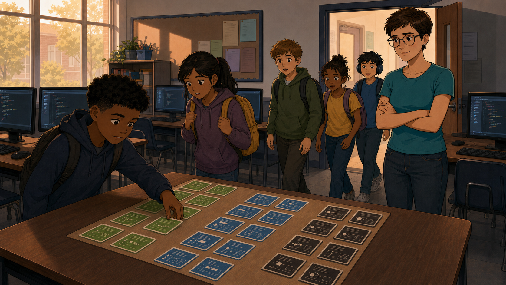Students notice a new table of green, blue, and black challenge cards as they walk into the club, one already reaching for a card