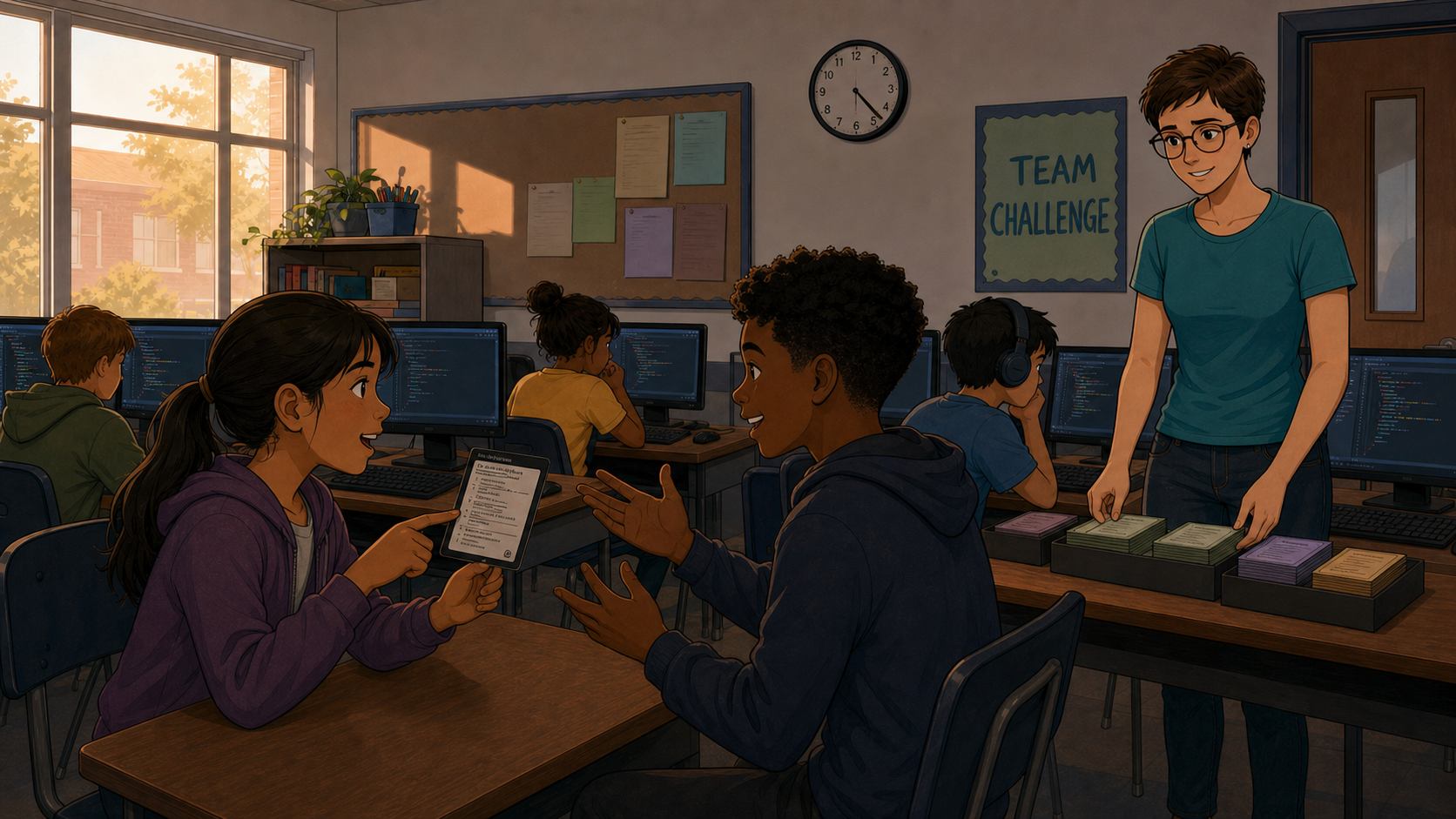 Two students debate a challenge over a shared tablet while Sally restocks trays of color-coded cards under a Team Challenge poster