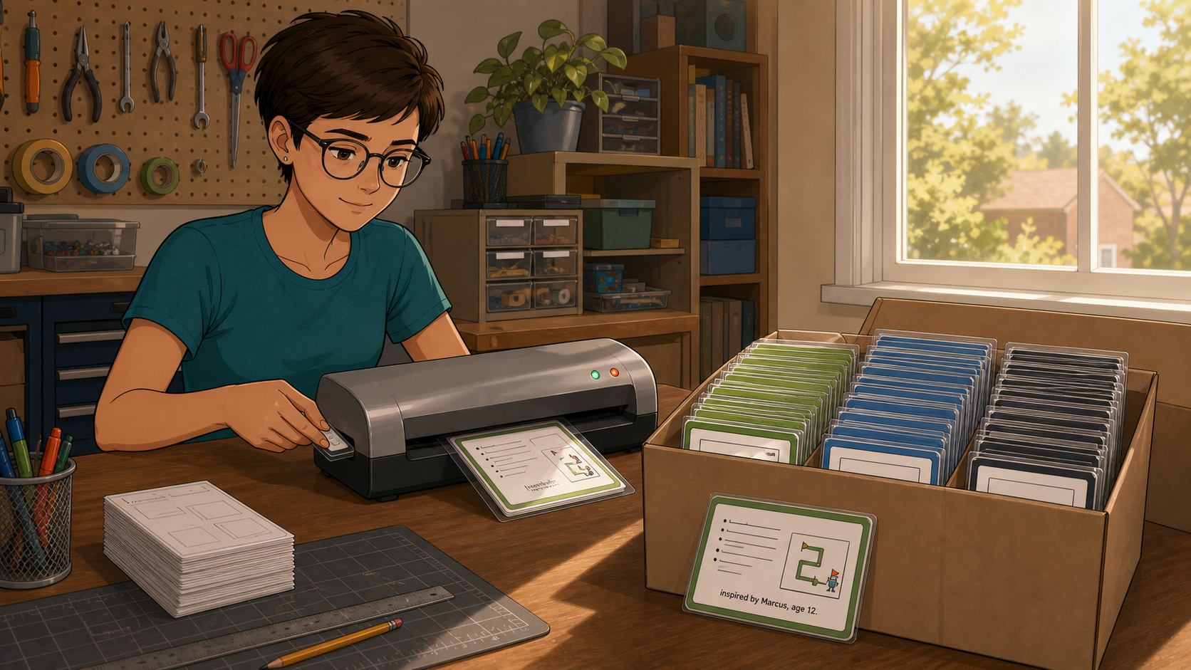 Sally laminates a new card at her workbench beside a growing box of organized green, blue, and black cards, including one credited to a student