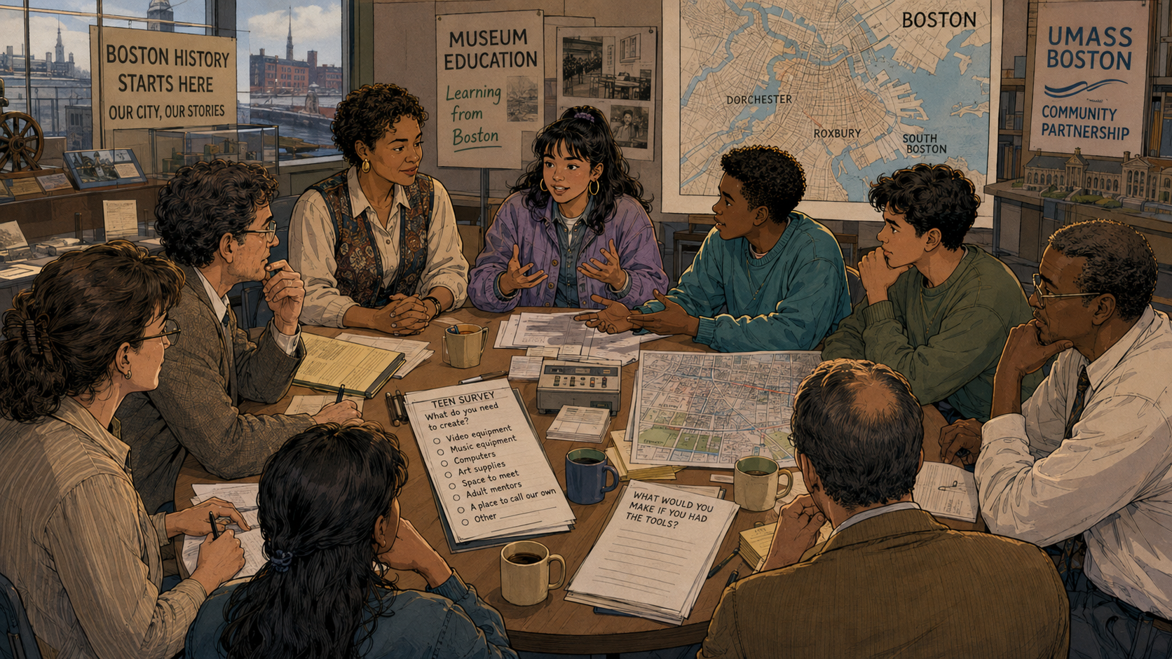 Museum staff, MIT researchers, and neighborhood teens plan the new space together around a table