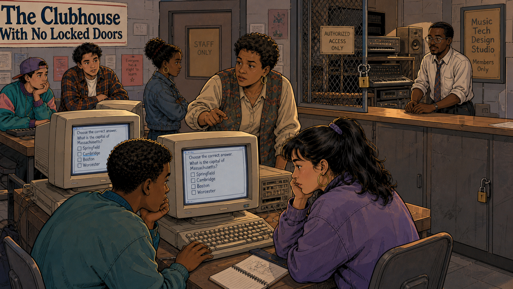 A locked, gated equipment cage and bored teens answering a fixed multiple-choice quiz on old computer labs