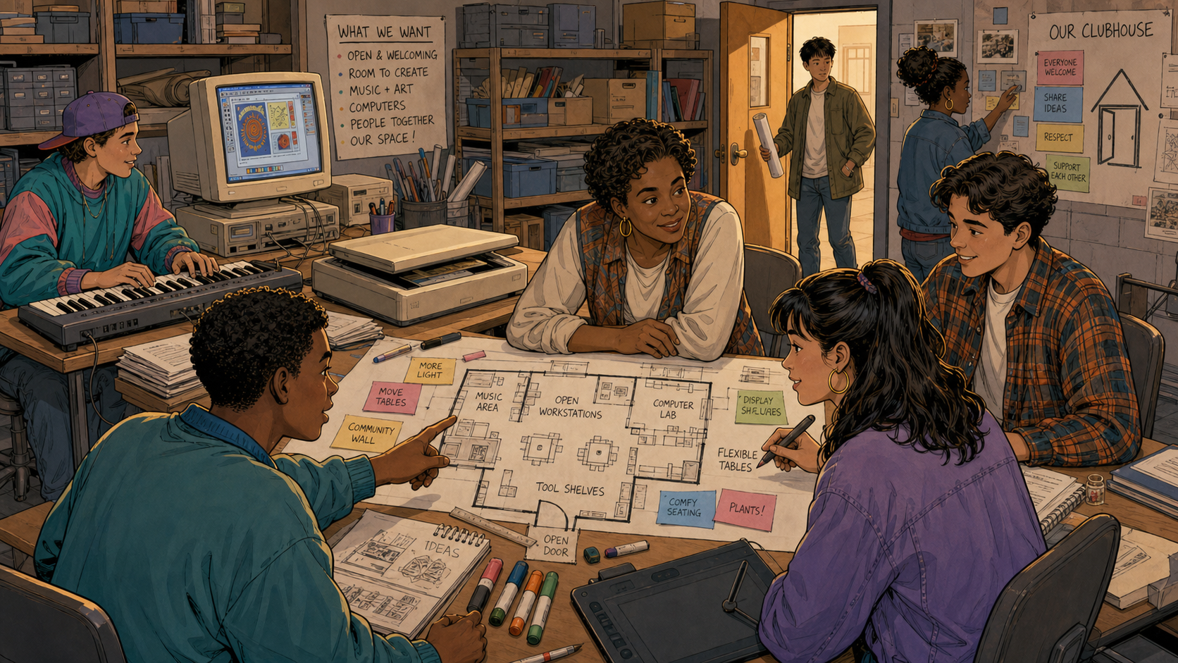 Teens and mentors sketch a floor plan for the new clubhouse together, covered in sticky notes