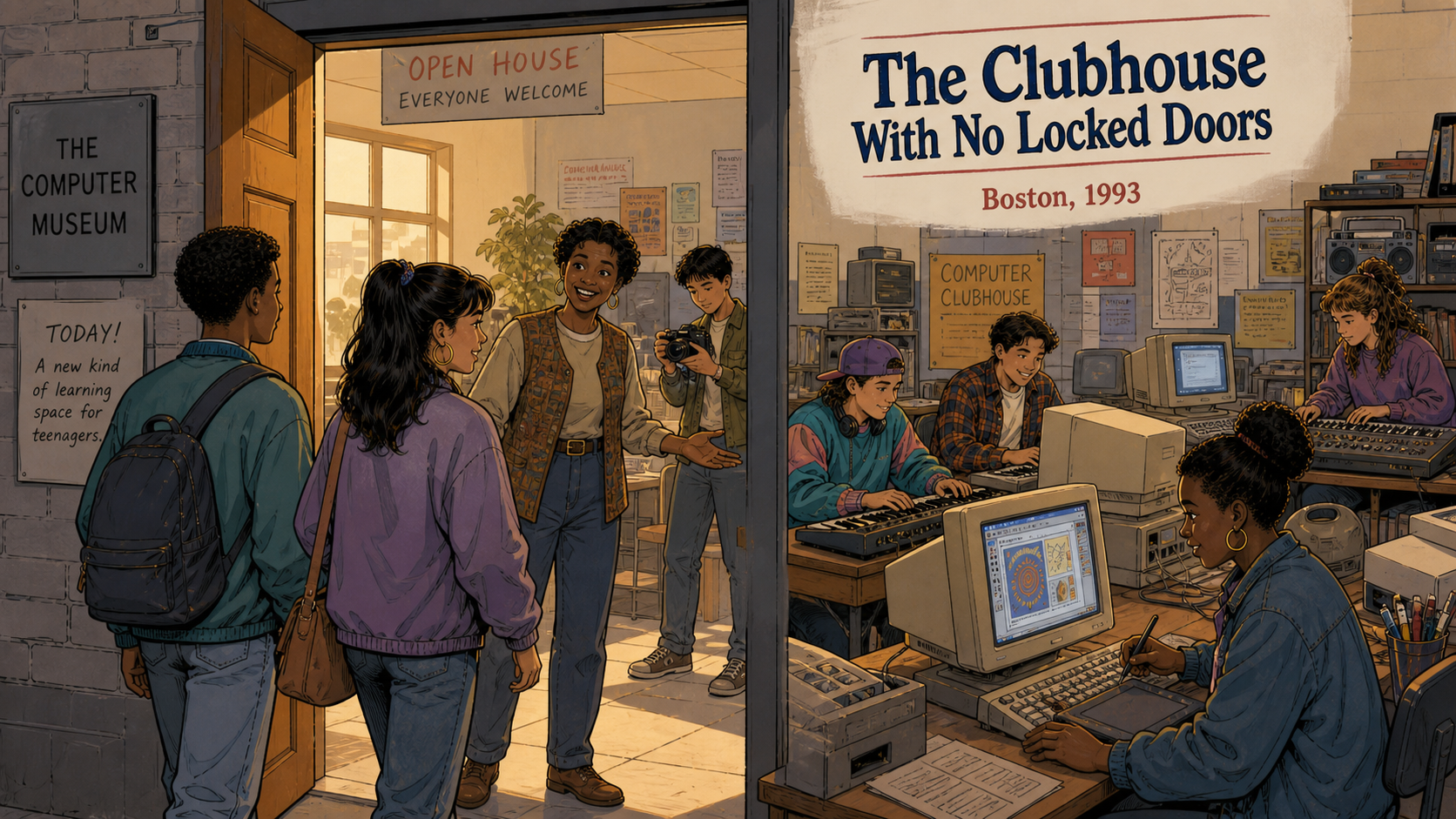 Teens walk through the open front door of the Computer Museum on opening day, greeted warmly by staff